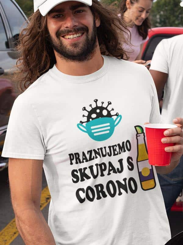 printed t-shirt celebrate together with corona birthday party gift beer beer corona virus mask funny topical printing shop wardrobe ljubljana print on t-shirts unique delivery online purchase