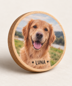 Personalizirani magnetek s fotografijo zlatega prinašalca in napisom Luna.